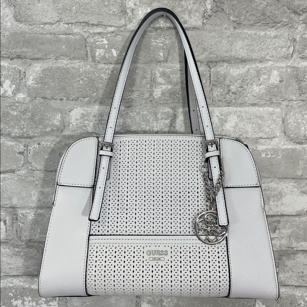 Guess Huntley Cali satchel in white faux leather with a perforated design